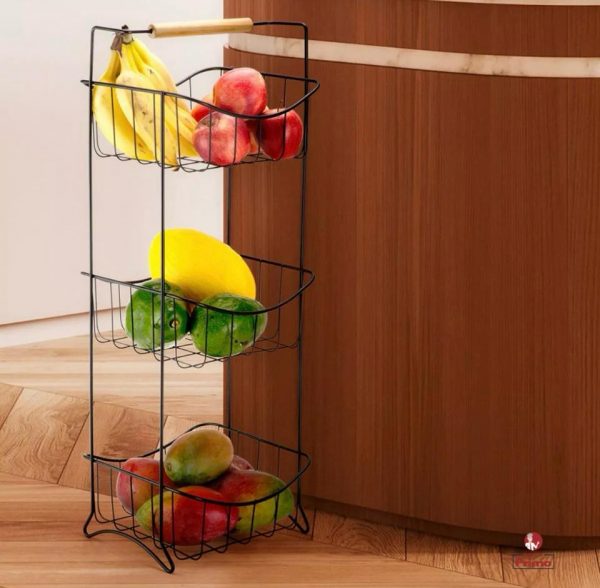 Fruteira De Chão Tripla Preta Eco Design Cozinha Decoração Cor Aço - Imagem 2
