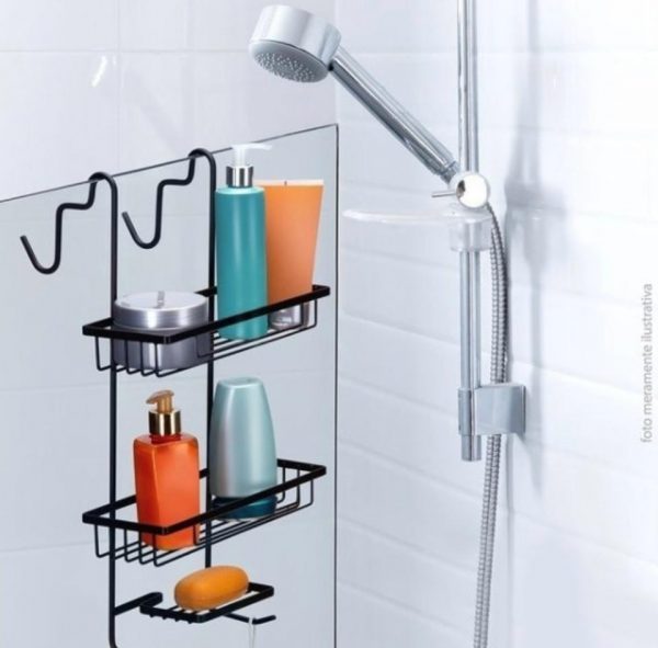 Porta Shampoo Duplo Para Boxblack Banheiro Pendurar Não Fura Cor Preto - Imagem 5