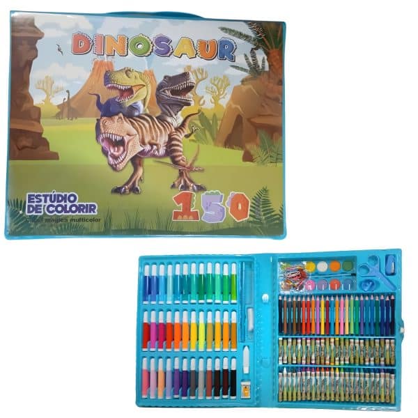 Kit Escolar Menino Maleta Grande Pintura 150 Pçs Dinossauro Premium