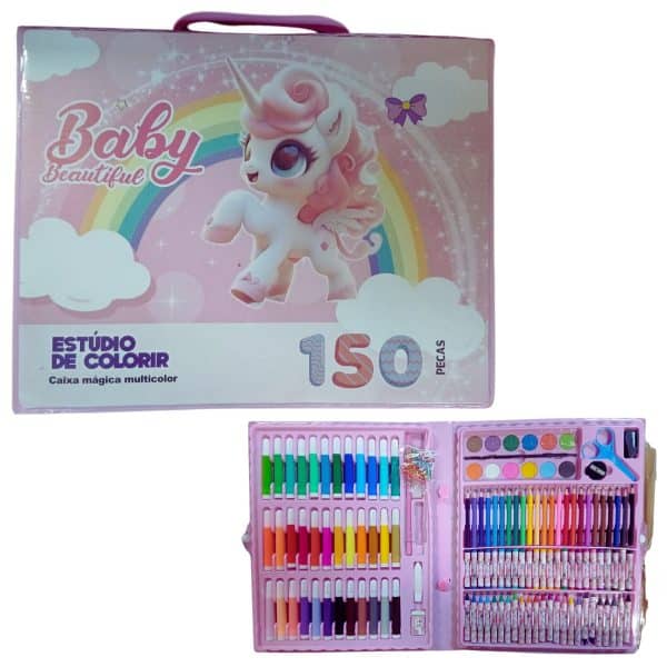 Kit Escolar Menina Maleta Grande Pintura 150 Pçs Unicornio Premium