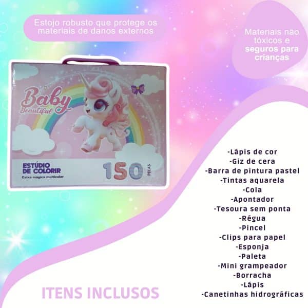 Kit Escolar Menina Maleta Grande Pintura 150 Pçs Unicornio Premium - Imagem 6