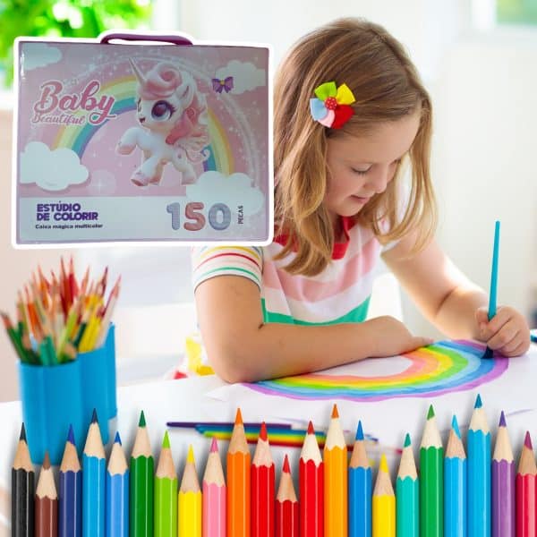 Kit Escolar Menina Maleta Grande Pintura 150 Pçs Unicornio Premium - Imagem 5
