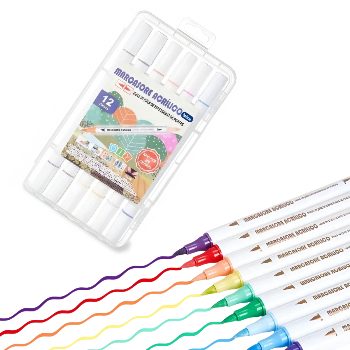 Kit Caneta Marcador Acrílico Prova 12 Cores Dágua Tecido 24 pontas