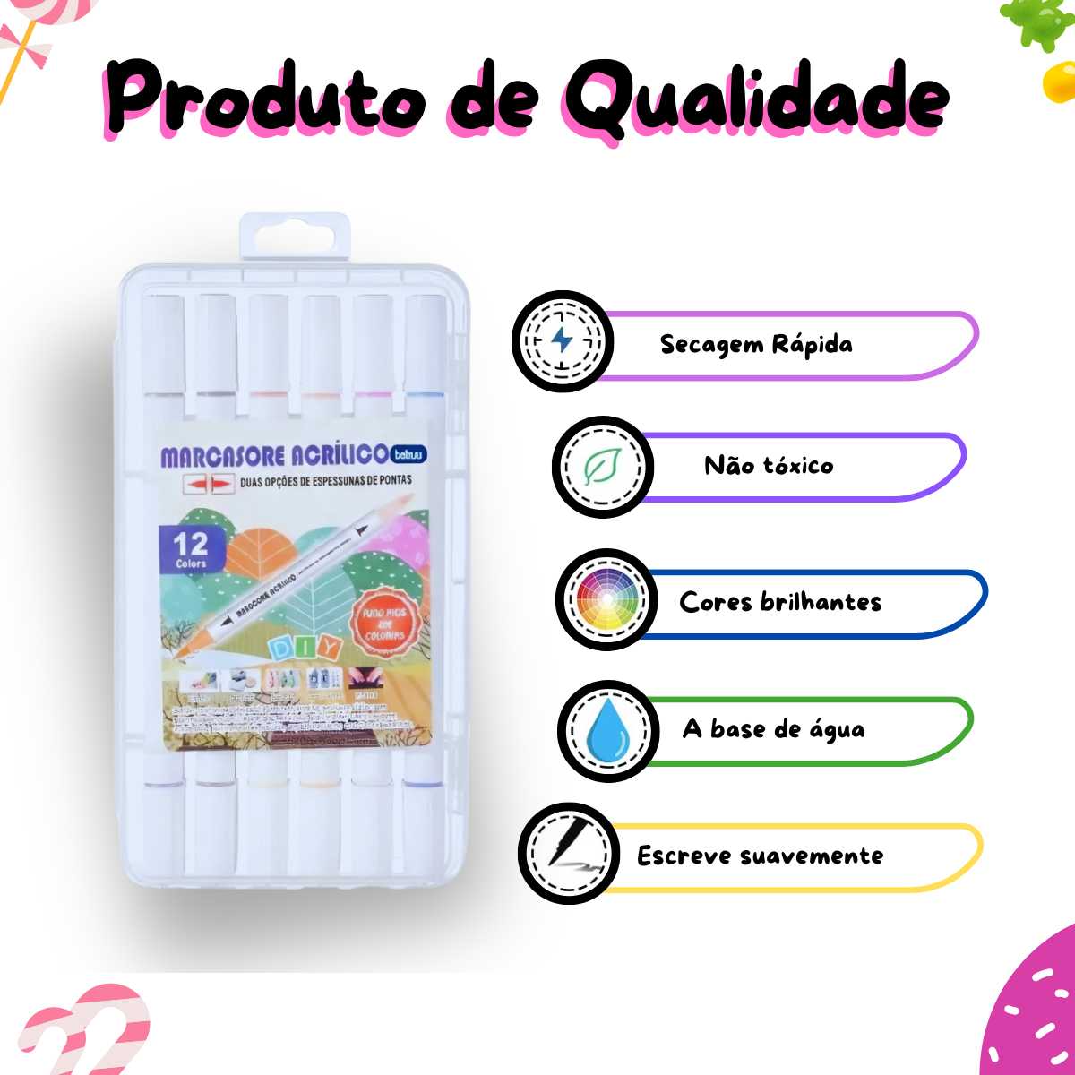 Kit Caneta Marcador Acrílico Prova 12 Cores Dágua Tecido 24 pontas - Imagem 4